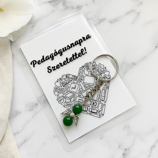 Pedagógusnapra Szeretettel! Ajándékkártya & Zöld Jáde Angyal Kulcstartó Csomag