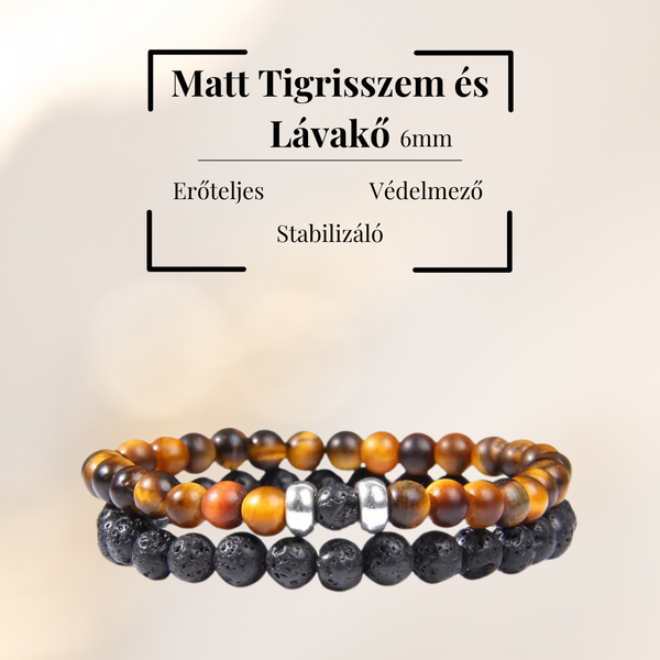 Matt Tigrisszem és Lávakő Páros Karkötő 6 mm