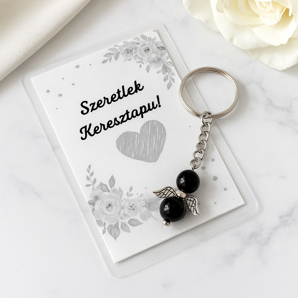 Szeretlek, Keresztapu! Ajándékkártya & Ónix Angyal Kulcstartó Csomag