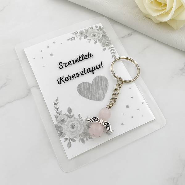 Szeretlek Keresztapu! Ajándékkártya & Rózsakvarc Angyal Kulcstartó Csomag