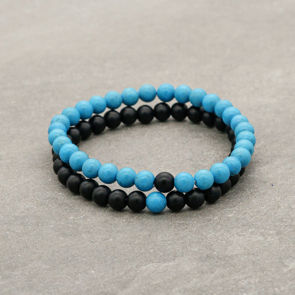 Bratara dubla "noroc" 6mm - Onix si howlit albastru